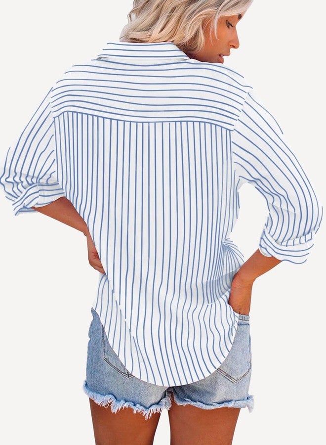 Aoudery Striped Button Down Shirts for Women Cotton Dress Shirts Long Sleeve Collared Blouses Work Business Casual Tops- Blue White Wide Stripes L - Image 2